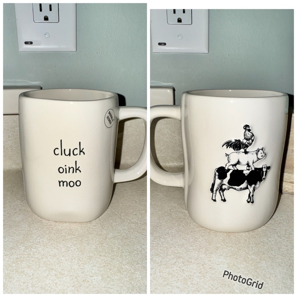Rae Dunn cluck oink moo chick pig cow mug - yes